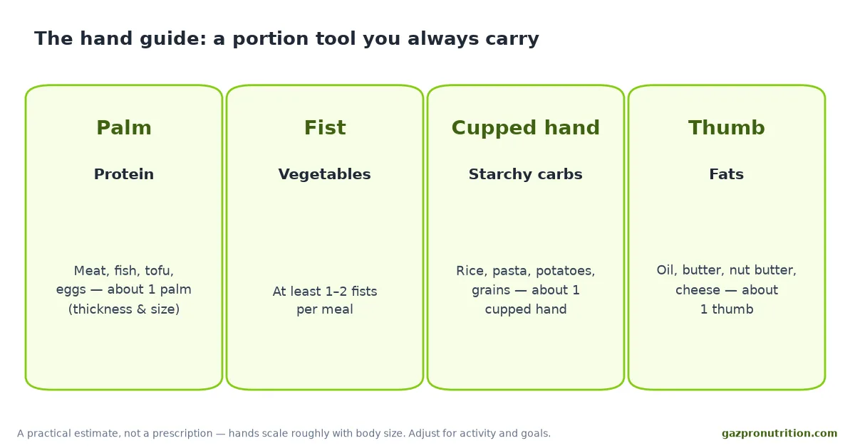 Hand guide infographic: palm for protein, fist for vegetables, cupped hand for starchy carbohydrates, thumb for fats