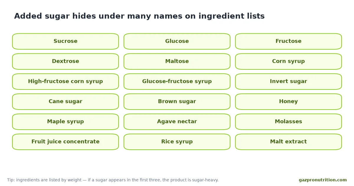 Grid of 18 common names for added sugar found on ingredient lists, such as glucose-fructose syrup, dextrose and agave nectar