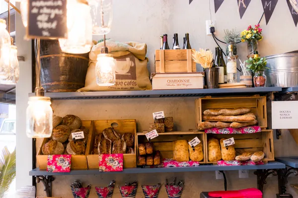 Grocery store shelves stocked with packaged food