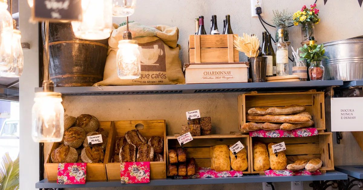 Grocery store shelves stocked with packaged food