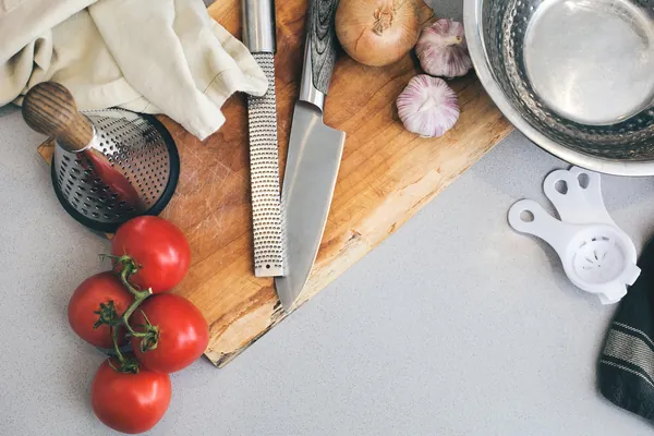 Home kitchen counter with fresh ingredients ready for cooking